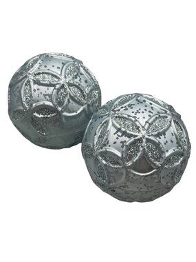 set of 2 Christmas ornament bulbs silver shine graphic assorted decor 3" READ